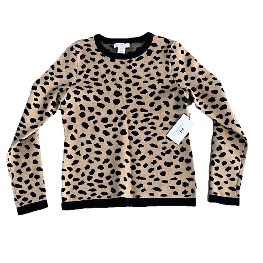 HALSTON Women's XS Cheetah Long Sleeve Round Neck Sweater Animal Print Soft NWT